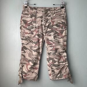 LEI Sz 5 Brown Camouflage Low Rise Capris Pants Cargo Utility Y2K Gorpcore Camo
